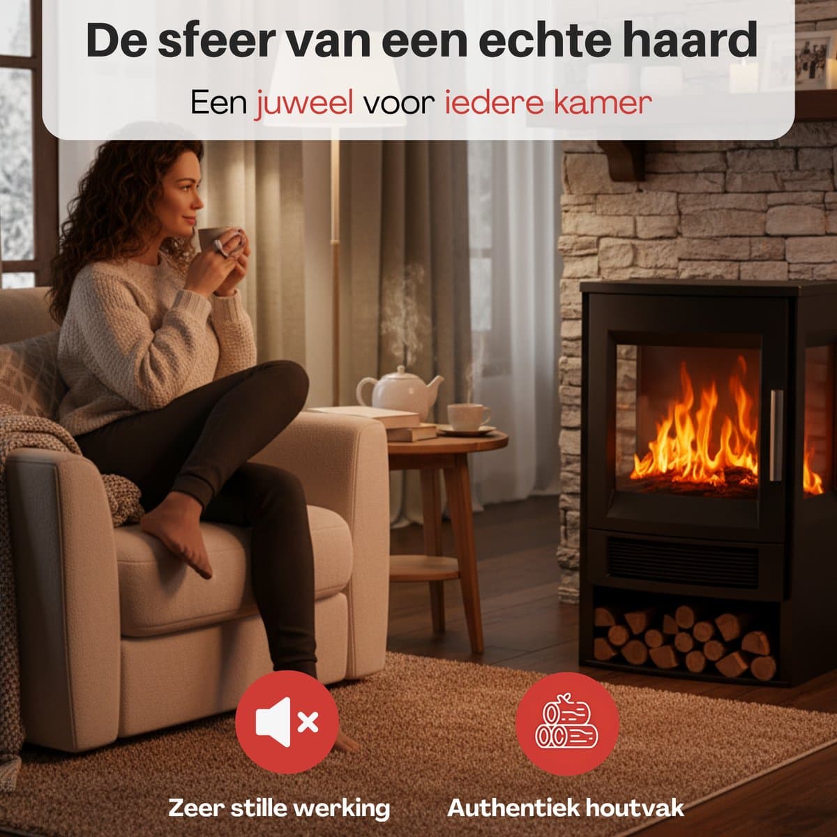 Elektrische kachel – Sfeerhaard – Thermostaat – Timer - Afstandsbediening - WiFi APP bediening – 1800W – Zwart – Bijverwarming – Ventilatorkachel – Heater – Elektrische verwarming – Convectorverwarming - Haard - Openhaard productafbeelding 2