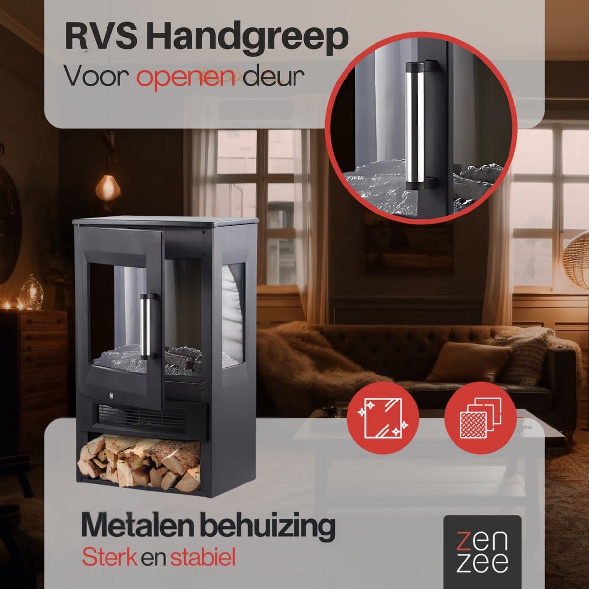 Elektrische kachel – Sfeerhaard – Thermostaat – Timer - Afstandsbediening - WiFi APP bediening – 1800W – Zwart – Bijverwarming – Ventilatorkachel – Heater – Elektrische verwarming – Convectorverwarming - Haard - Openhaard productafbeelding 4