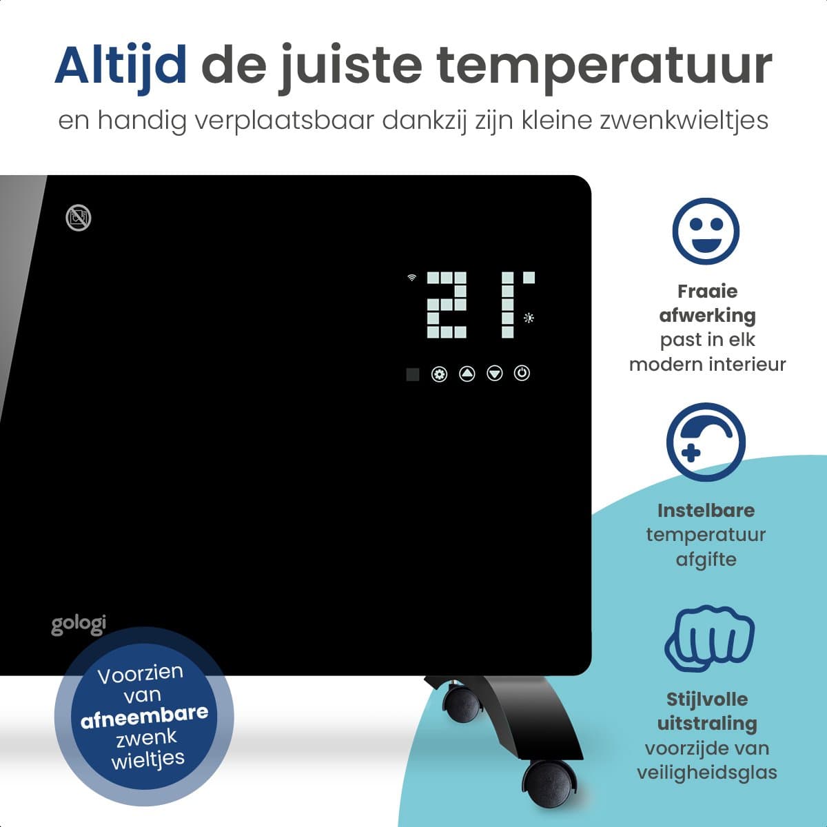 Gologi Elektrische Kachel - Verwarming elektrisch - Convectorkachel met thermostaat - Werkt via App en touch bediening - Tot 25m2 - 2000 watt - Zwart productafbeelding