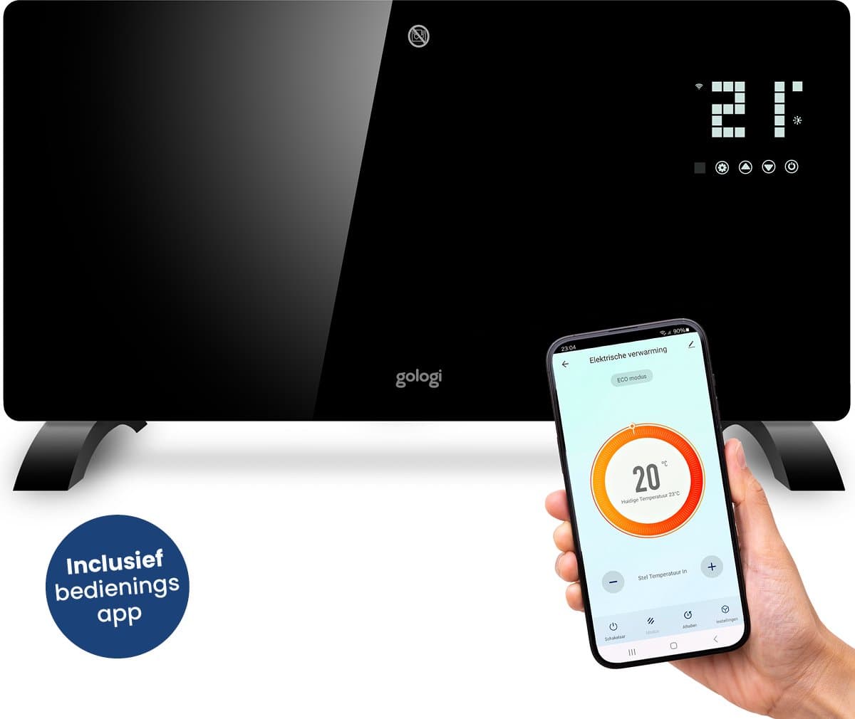 Gologi Elektrische Kachel - Verwarming elektrisch - Convectorkachel met thermostaat - Werkt via App en touch bediening - Tot 25m2 - 2000 watt - Zwart productafbeelding
