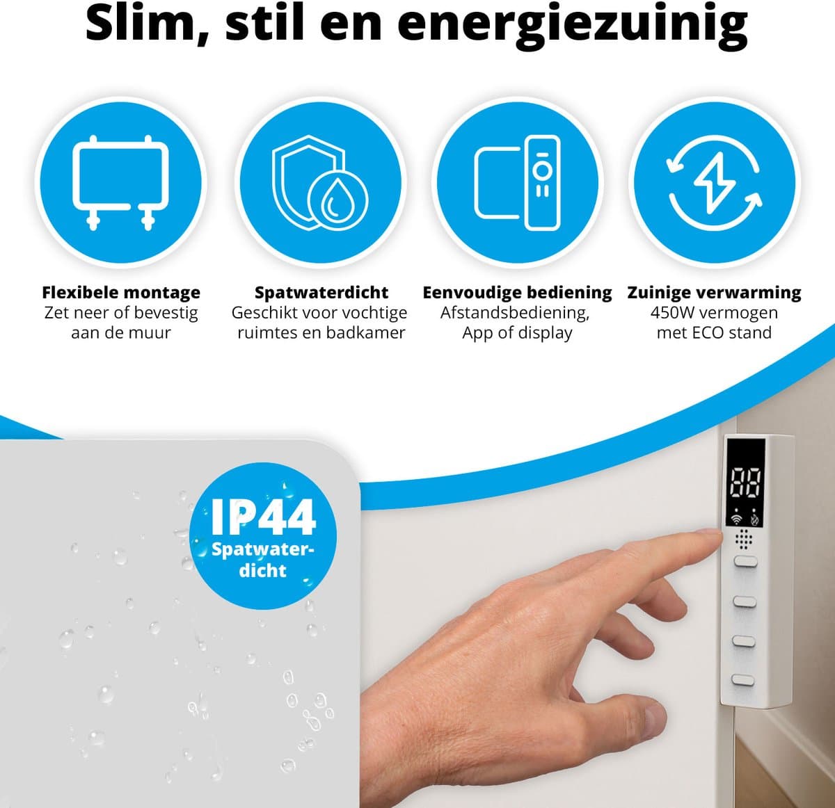 FlinQ Slimme Infrarood Verwarming - Elektrische Verwarmingspaneel - Moderne Kachel - Geschikt voor Badkamer - Staand & Verplaatsbaar - Met Thermostaat - Wit Paneel - 450 W productafbeelding