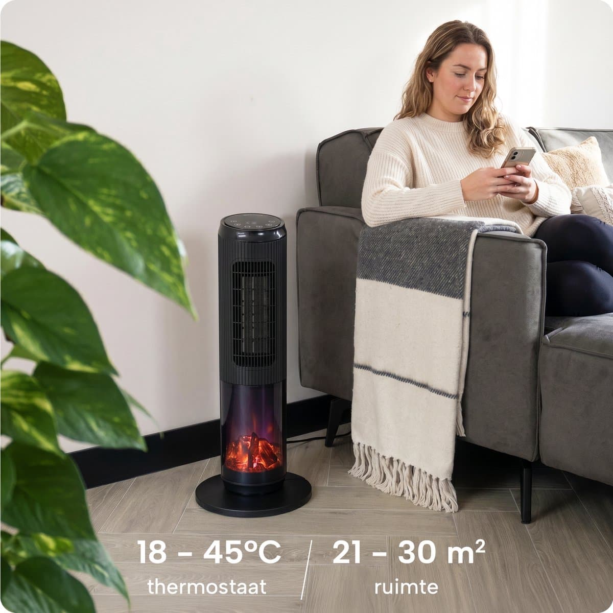 Elektrische Kachel met Sfeerhaard en Thermostaat 18-45 °C – Keramische Ventilatorkachel – Verwarming met Swingfunctie – Timer – Zwart - BREND BR-2222 productafbeelding