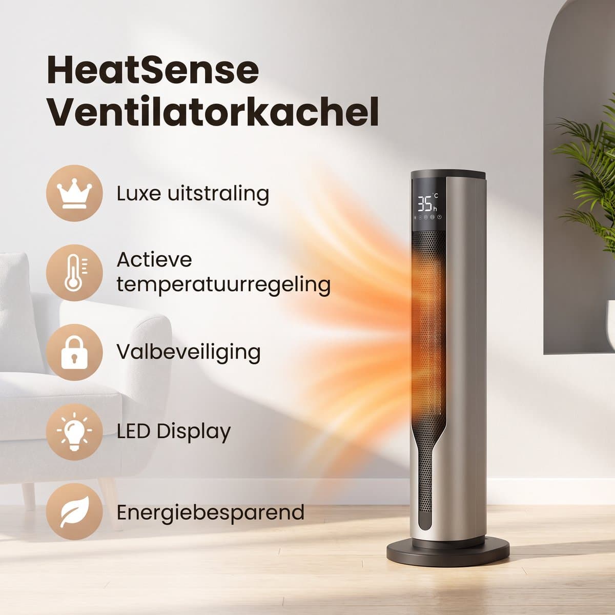 HeatSense® Elektrische Kachel - 2-in-1 Heater - 2000W Ventilatorkachel - Verstelbare Temperatuur - Electrische Keramische Kachel met Stoffilter - Geschikt voor Camper/Caravan/Camping - Winter en Zomer - Platina Grijs productafbeelding