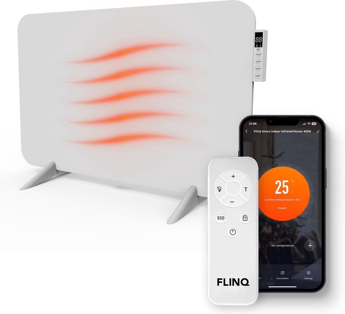 FlinQ Slimme Infrarood Verwarming - Elektrische Verwarmingspaneel - Moderne Kachel - Geschikt voor Badkamer - Staand & Verplaatsbaar - Met Thermostaat - Wit Paneel - 450 W productafbeelding