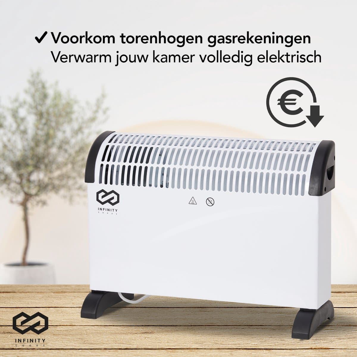 Infinity Goods Elektrische Convectorkachel - Turbo Functie en Ventilator - 750 / 1500 / 2000W - Verstelbare Thermostaat - Radiatorkachel - Oververhittingsbeveiliging - 35m² - Zwart/Wit productafbeelding