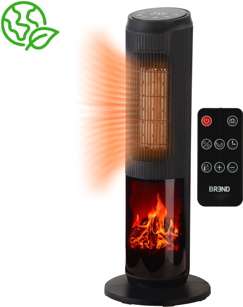 Elektrische Kachel met Sfeerhaard en Thermostaat 18-45 °C – Keramische Ventilatorkachel – Verwarming met Swingfunctie – Timer – Zwart - BREND BR-2222 productafbeelding