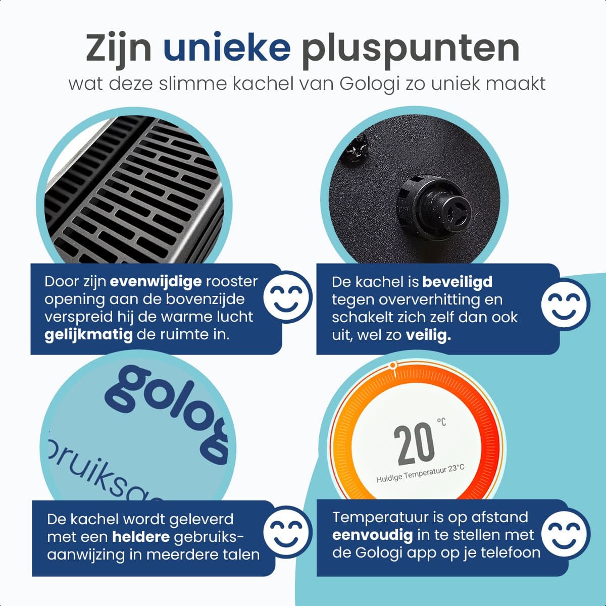 Gologi Elektrische Kachel - Verwarming elektrisch - Convectorkachel met thermostaat - Werkt via App en touch bediening - Tot 25m2 - 2000 watt - Zwart productafbeelding