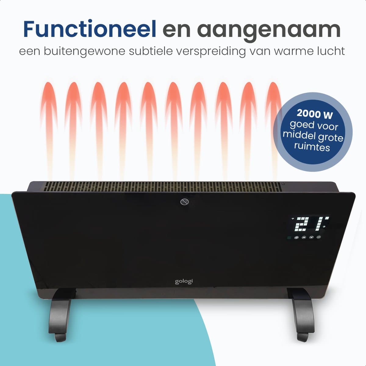 Gologi Elektrische Kachel - Verwarming elektrisch - Convectorkachel met thermostaat - Werkt via App en touch bediening - Tot 25m2 - 2000 watt - Zwart productafbeelding
