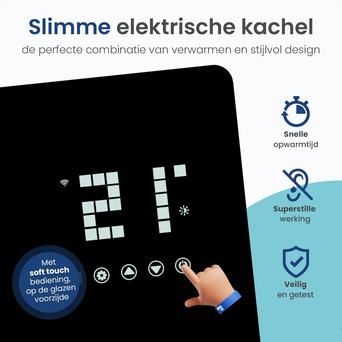 Gologi Elektrische Kachel - Verwarming elektrisch - Convectorkachel met thermostaat - Werkt via App en touch bediening - Tot 25m2 - 2000 watt - Zwart productafbeelding