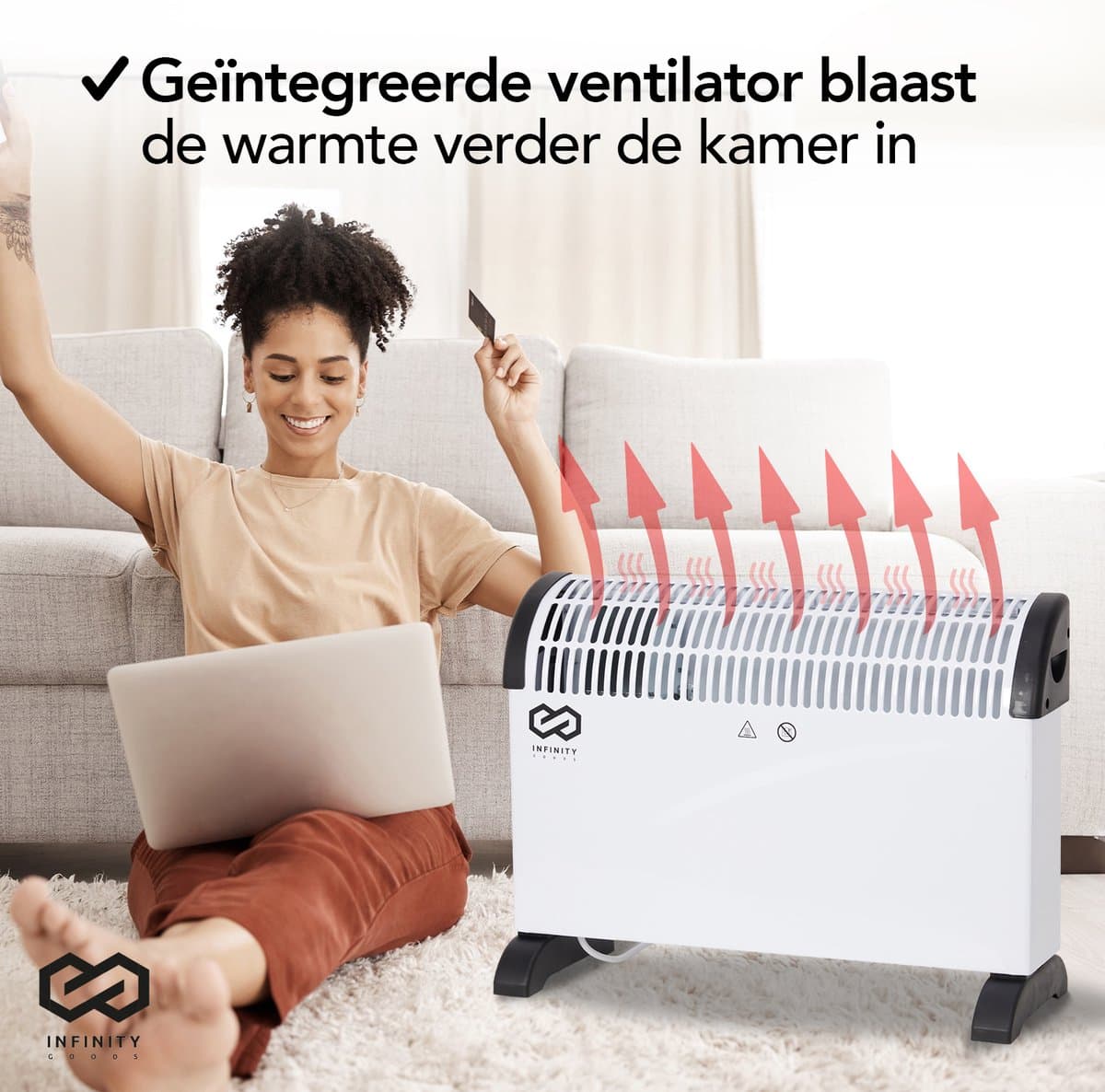 Infinity Goods Elektrische Convectorkachel - Turbo Functie en Ventilator - 750 / 1500 / 2000W - Verstelbare Thermostaat - Radiatorkachel - Oververhittingsbeveiliging - 35m² - Zwart/Wit productafbeelding