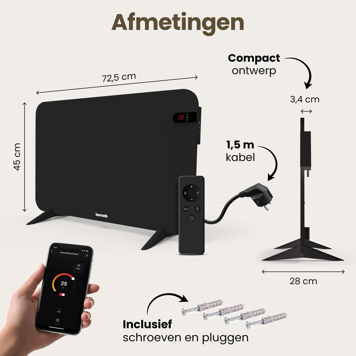 Komodo Infrarood Verwarmingspaneel - 450W - 72,5 x 45 cm - Verplaatsbaar & Hangend - Thermostaat - LED Display & WiFi App - Infrarood Verwarming, Elektrische Kachel, Paneel - Voor 15m2 productafbeelding