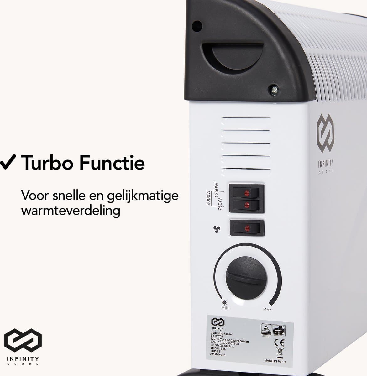 Infinity Goods Elektrische Convectorkachel - Turbo Functie en Ventilator - 750 / 1500 / 2000W - Verstelbare Thermostaat - Radiatorkachel - Oververhittingsbeveiliging - 35m² - Zwart/Wit productafbeelding