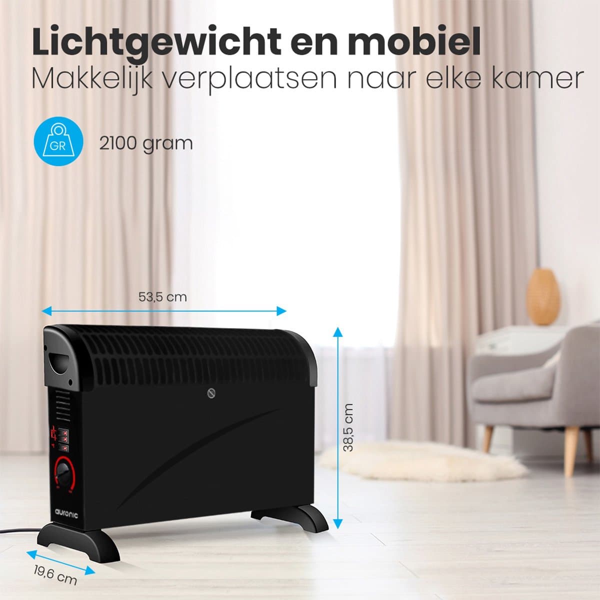Auronic Elektrische Convectorkachel - 3 Warmtestanden Met Ventilator - 750/1250/2000 Watt - Regelbare Thermostaat - Ventilatorkachel - Oververhittingsbescherming - Zwart productafbeelding
