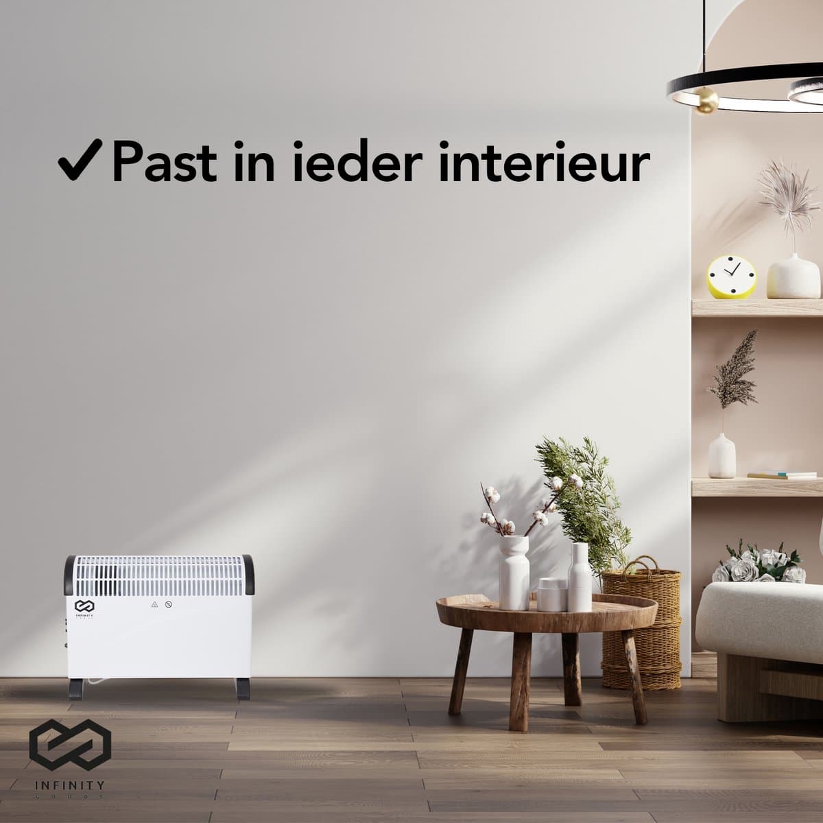Infinity Goods Elektrische Convectorkachel - Turbo Functie en Ventilator - 750 / 1500 / 2000W - Verstelbare Thermostaat - Radiatorkachel - Oververhittingsbeveiliging - 35m² - Zwart/Wit productafbeelding