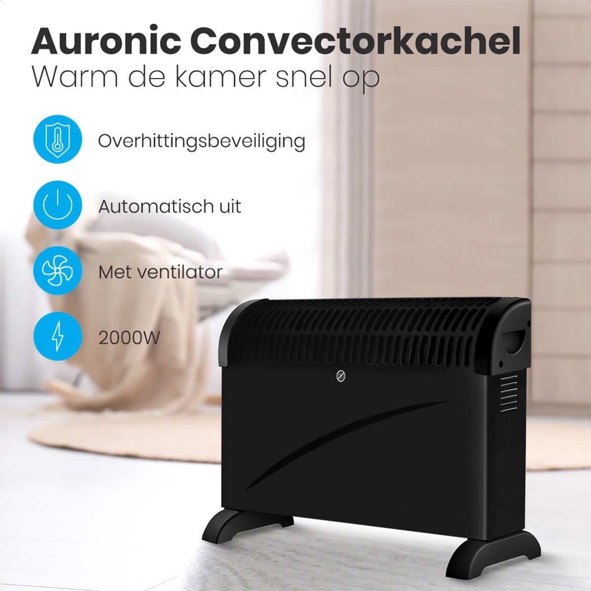 Auronic Elektrische Convectorkachel - 3 Warmtestanden Met Ventilator - 750/1250/2000 Watt - Regelbare Thermostaat - Ventilatorkachel - Oververhittingsbescherming - Zwart productafbeelding