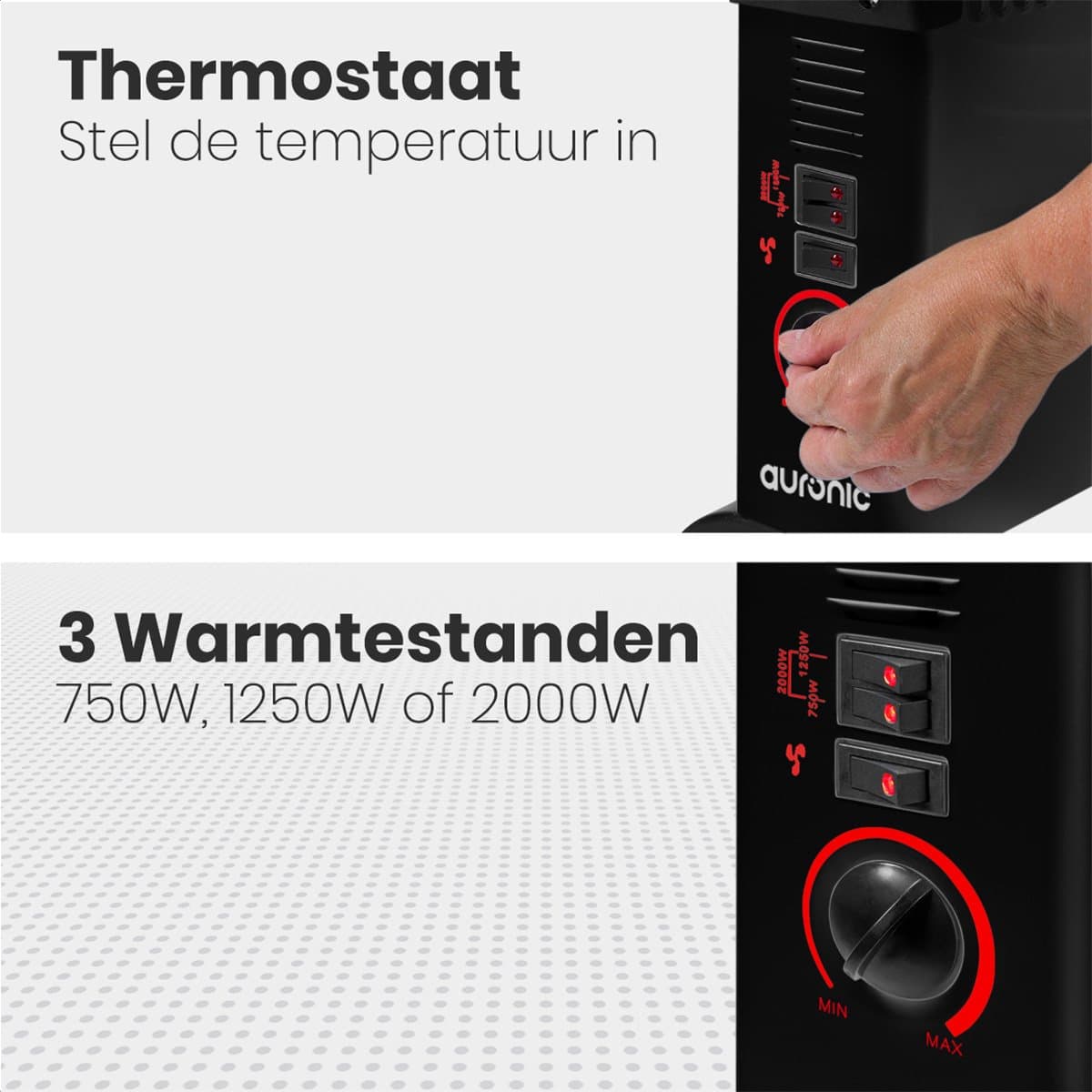 Auronic Elektrische Convectorkachel - 3 Warmtestanden Met Ventilator - 750/1250/2000 Watt - Regelbare Thermostaat - Ventilatorkachel - Oververhittingsbescherming - Zwart productafbeelding