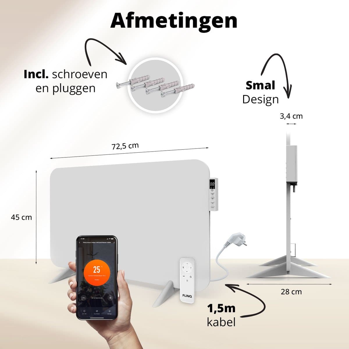 FlinQ Slimme Infrarood Verwarming - Elektrische Verwarmingspaneel - Moderne Kachel - Geschikt voor Badkamer - Staand & Verplaatsbaar - Met Thermostaat - Wit Paneel - 450 W productafbeelding
