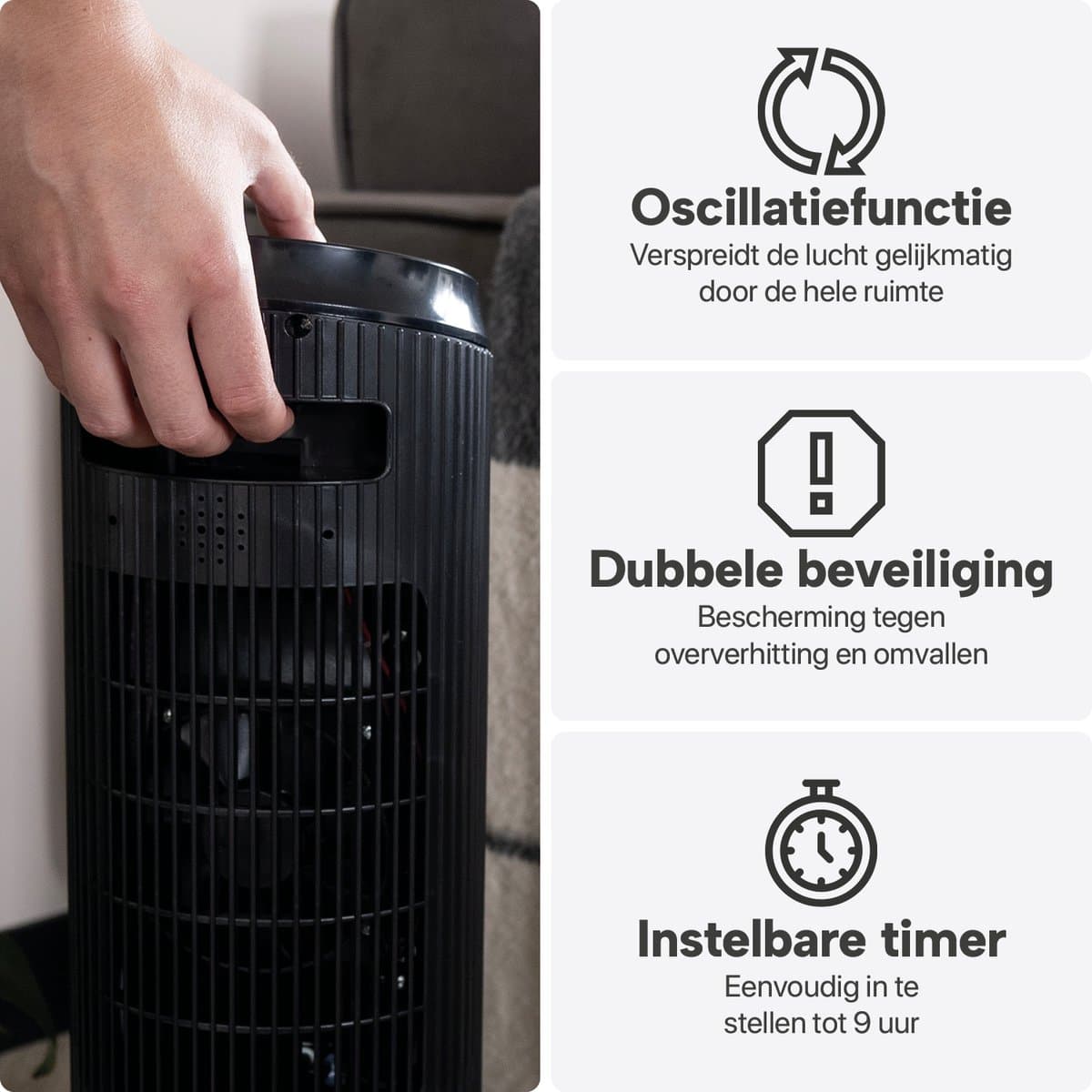 Elektrische Kachel met Sfeerhaard en Thermostaat 18-45 °C – Keramische Ventilatorkachel – Verwarming met Swingfunctie – Timer – Zwart - BREND BR-2222 productafbeelding